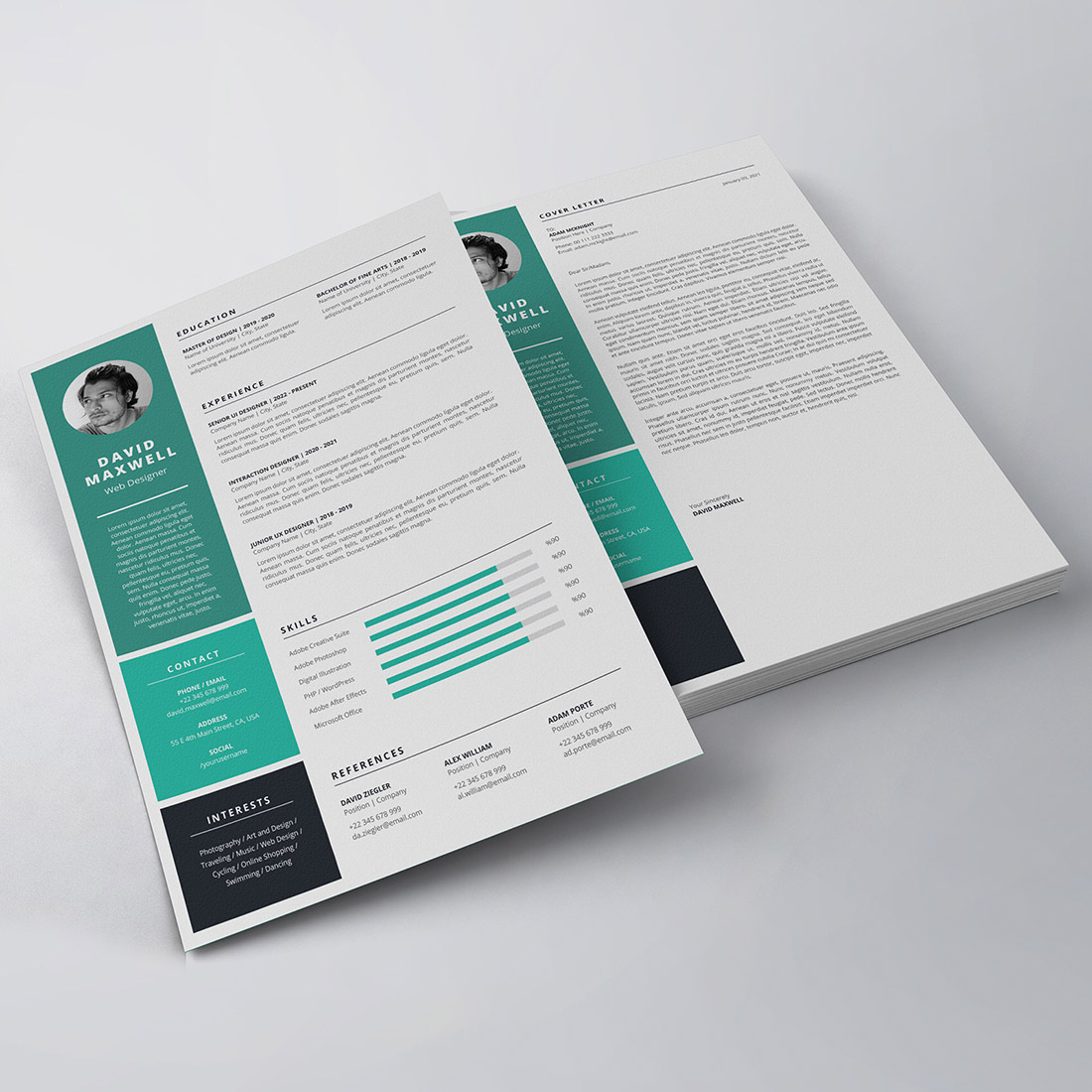 Green and black resume template on a white background.