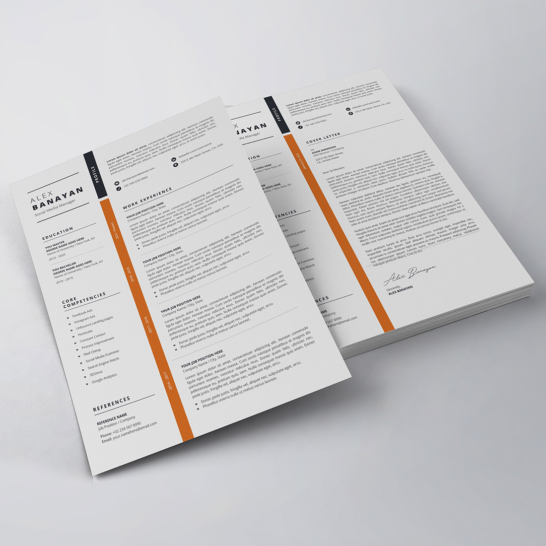 Two pages of a resume on a table.