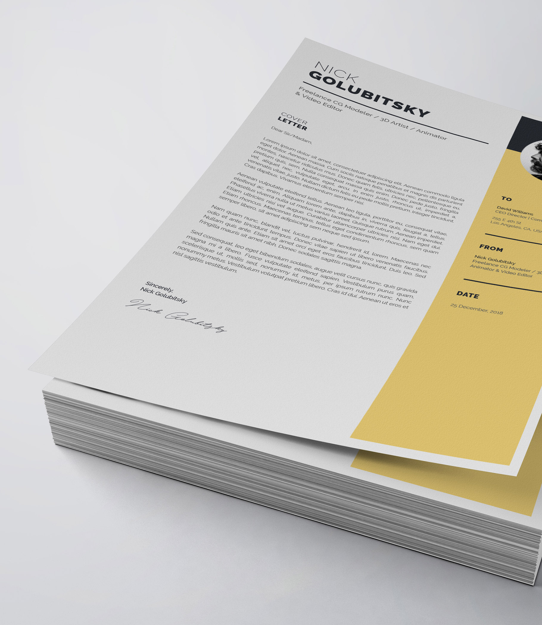 Two pages of a yellow and white resume.