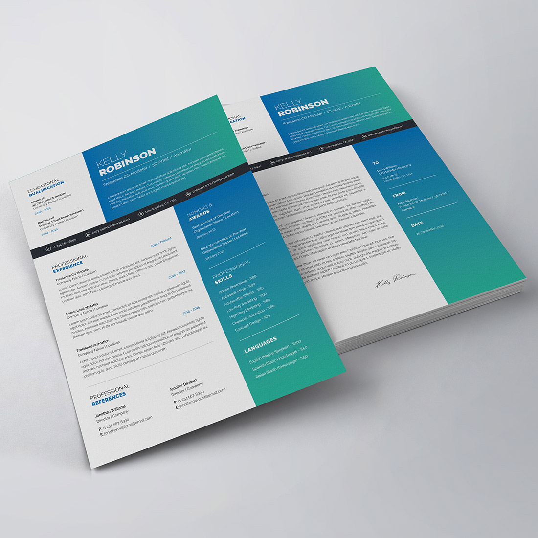 Two pages of a brochure with a blue and green color scheme.