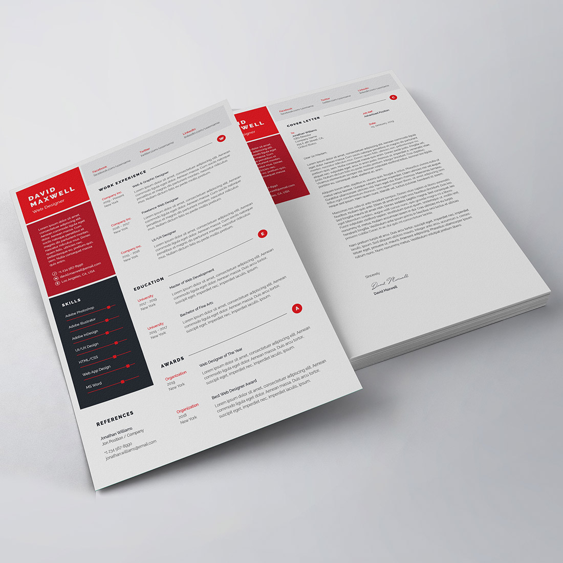 Red and black resume template on a white background.