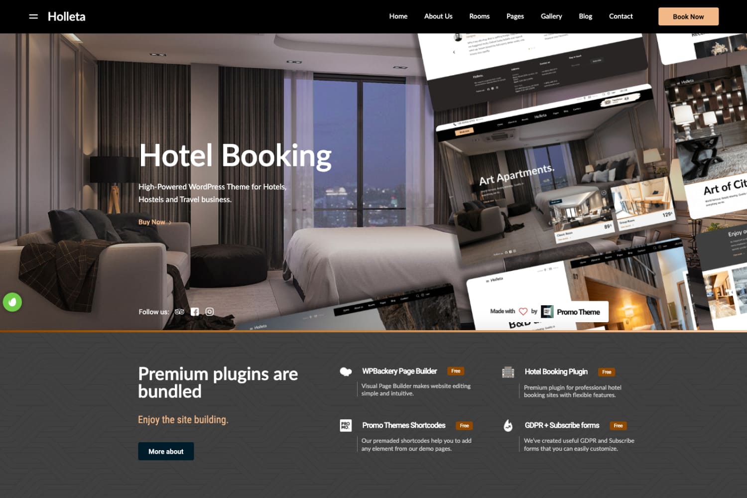 Hotel website home page with large room photo and template benefits.
