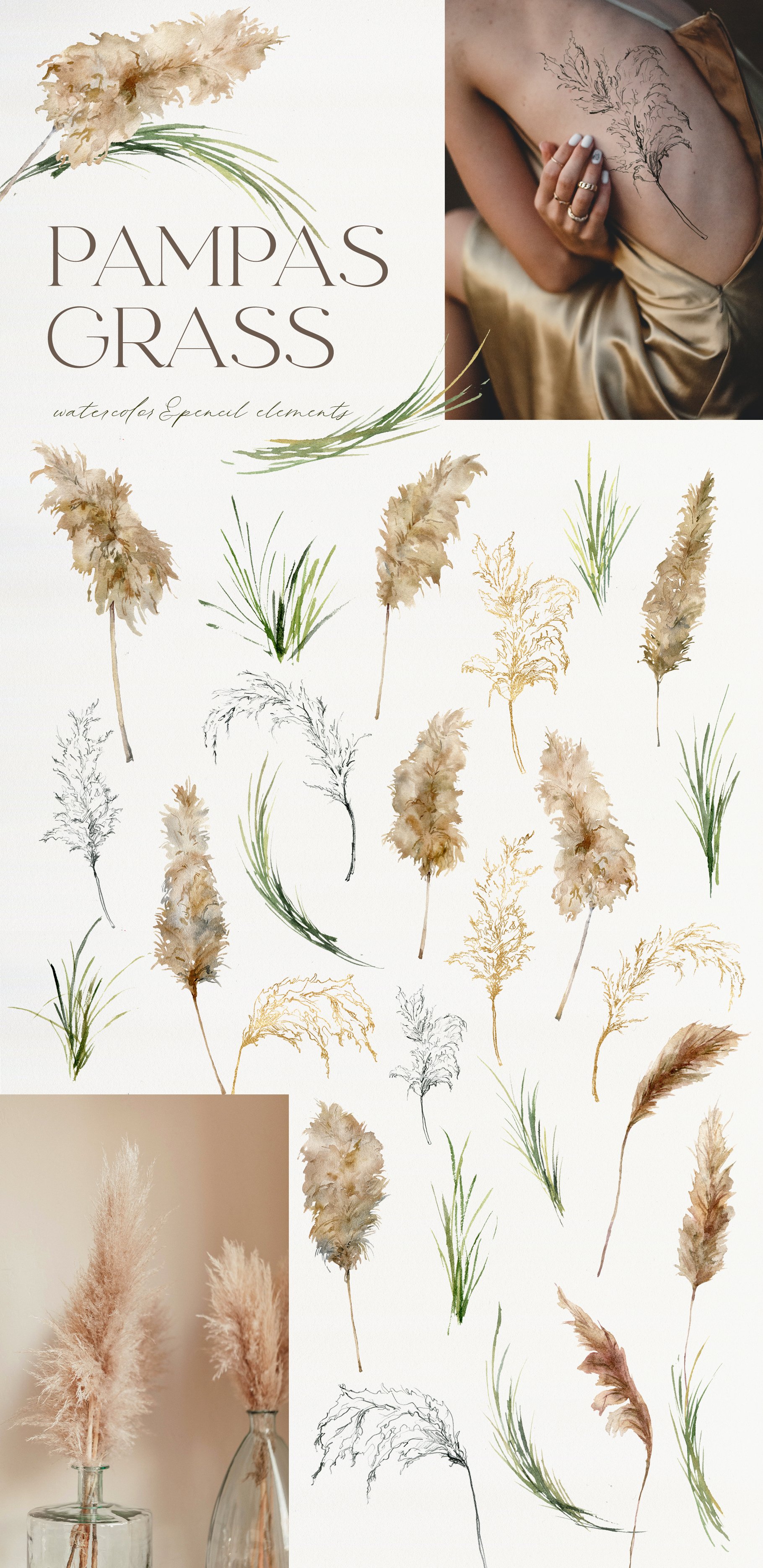 Collage of photos of flowers and grass.