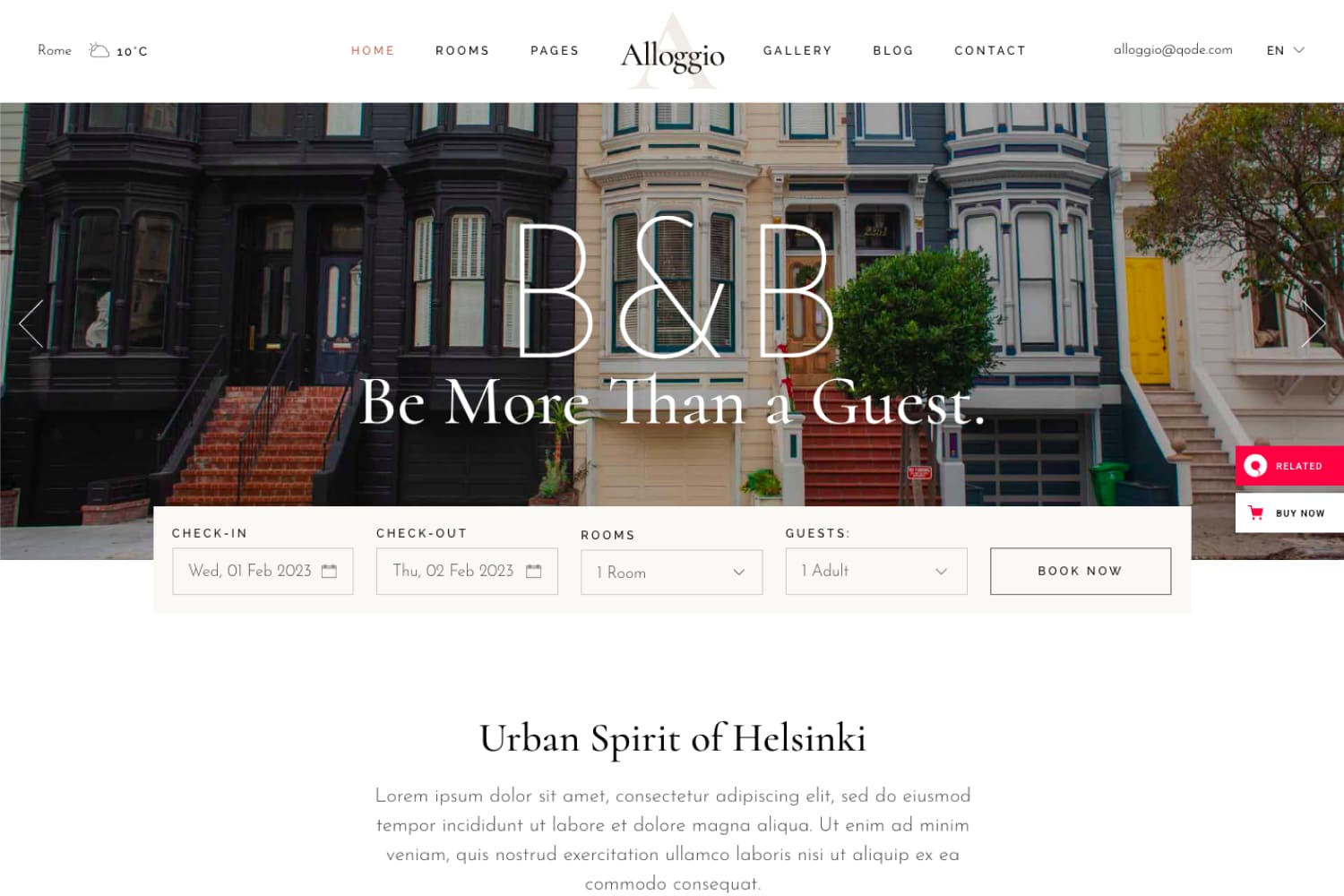 Main page of the hotel website with a photo of the facade and parameters for booking.