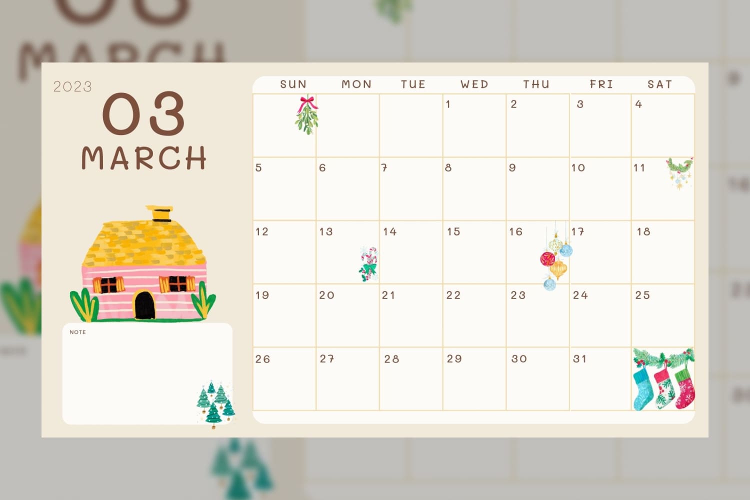 March 2023 calendar with yellow and brown illustrations and drawn house.