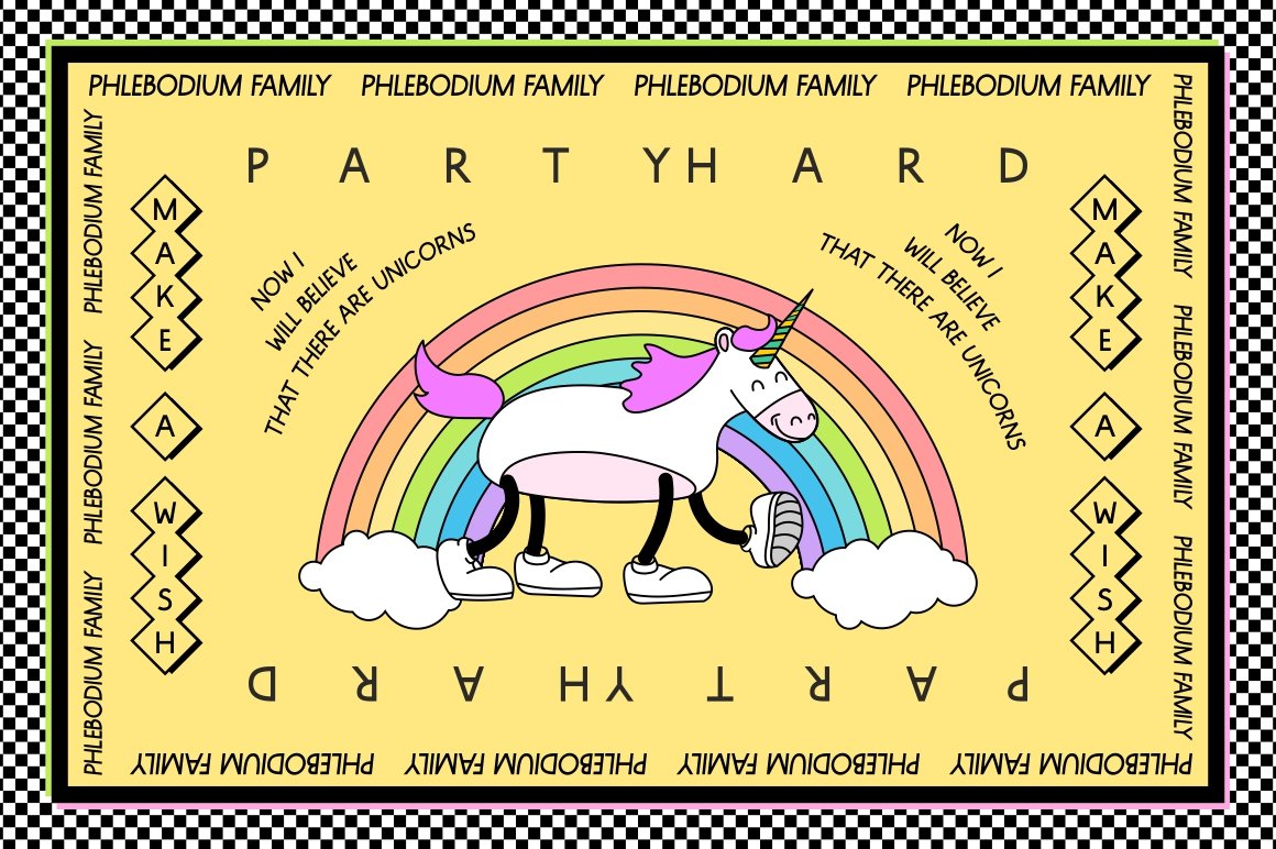 05 phlebodium font family typeface 80s 90s 1980s 1990s style unicorn rainbow character mascot illustration 733