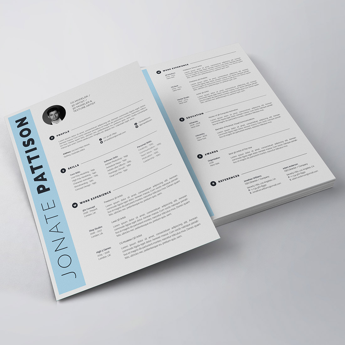 Clean and modern resume template with blue accents.