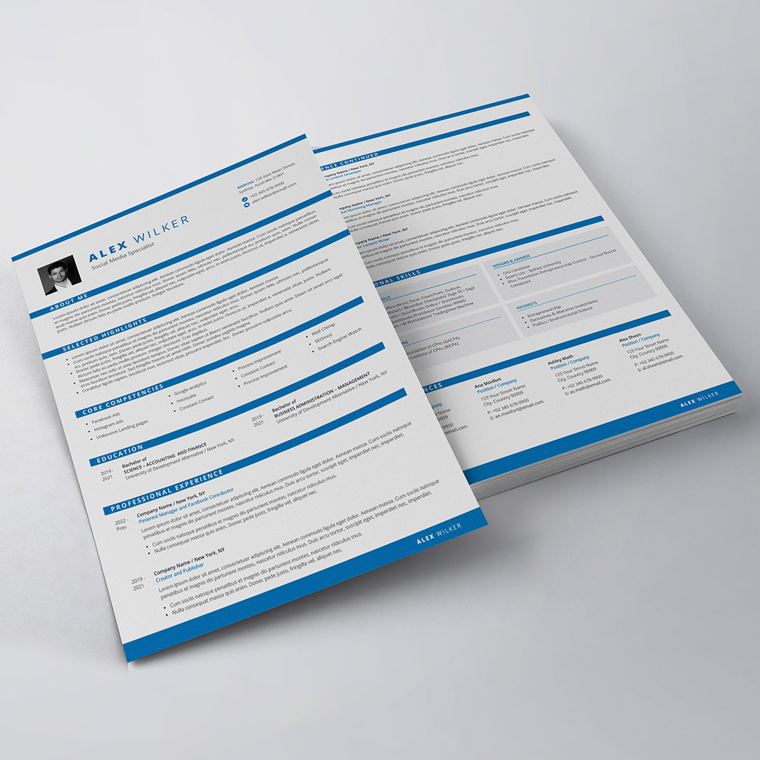 Blue and white resume on a white background.