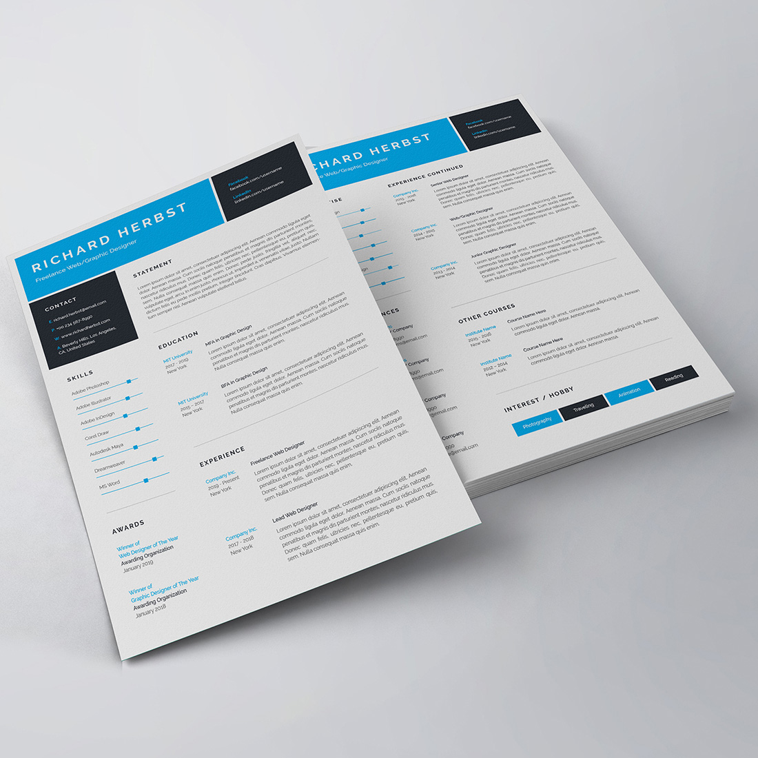 Clean and modern resume template with blue accents.