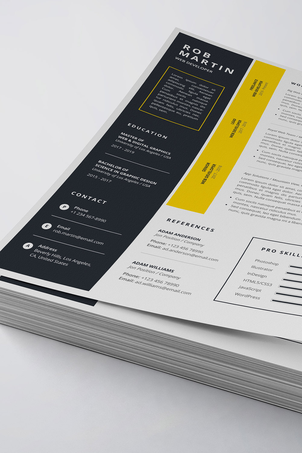 Clean and modern resume template with yellow accents.