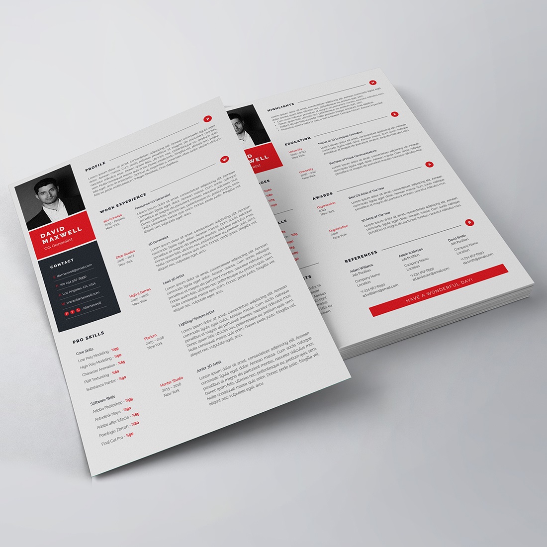Clean and modern resume template with red accents.