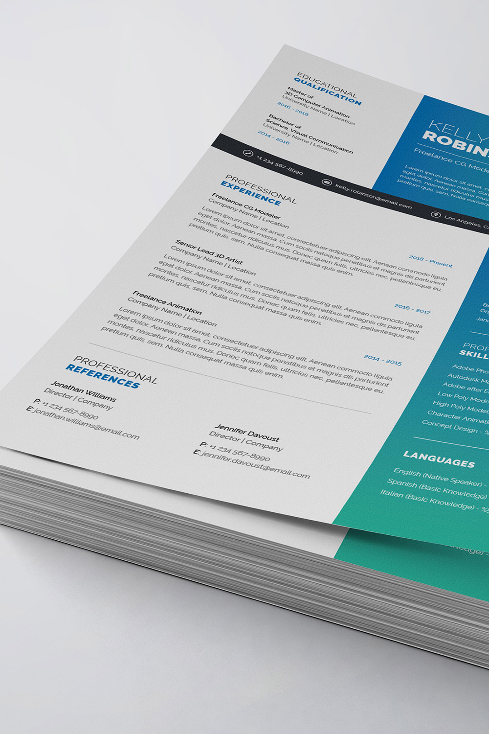 Two pages of a resume on top of each other.