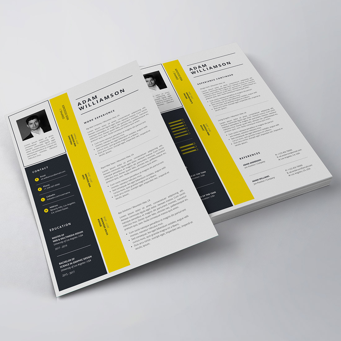 Yellow and black resume template on a white background.