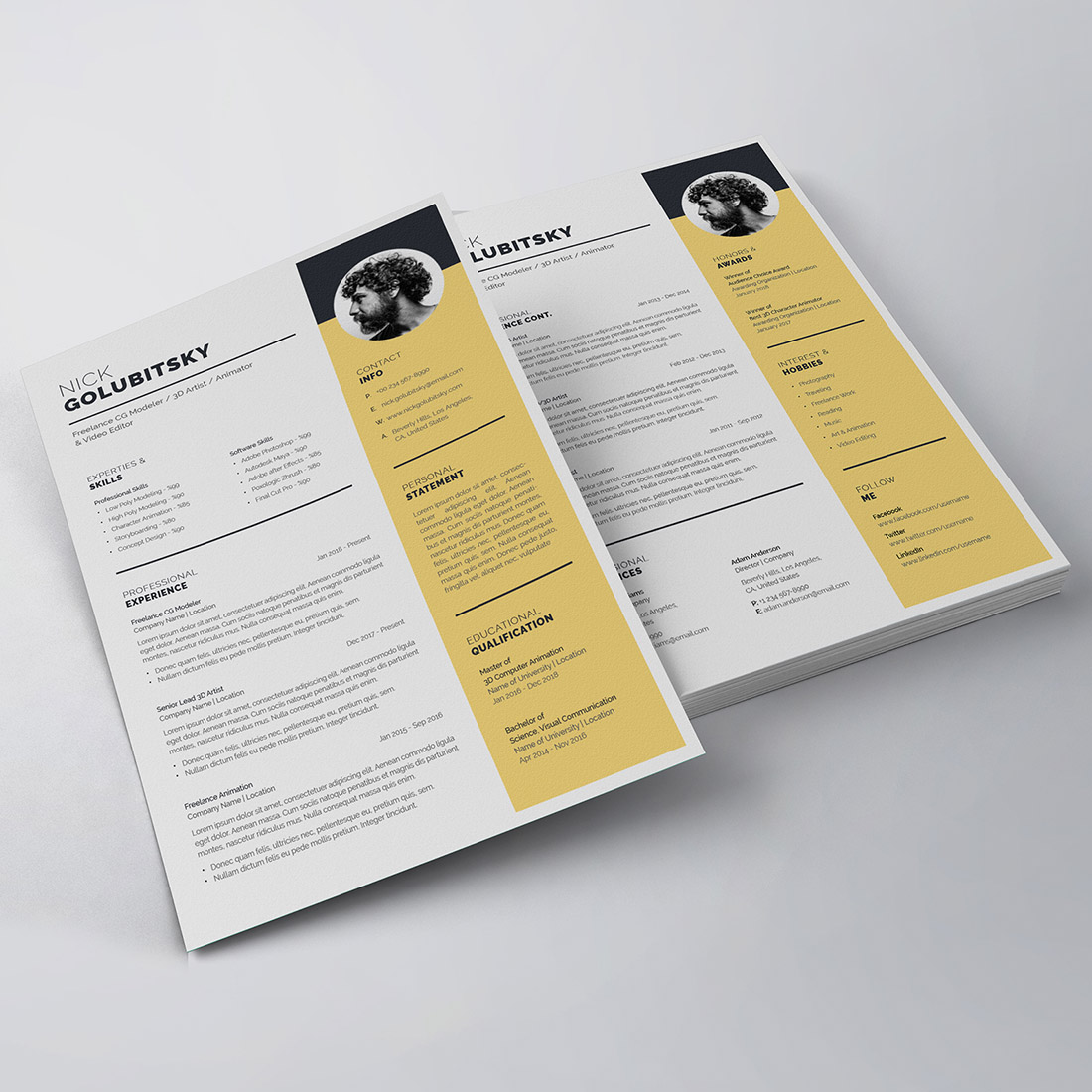 Yellow and black resume template on a white background.