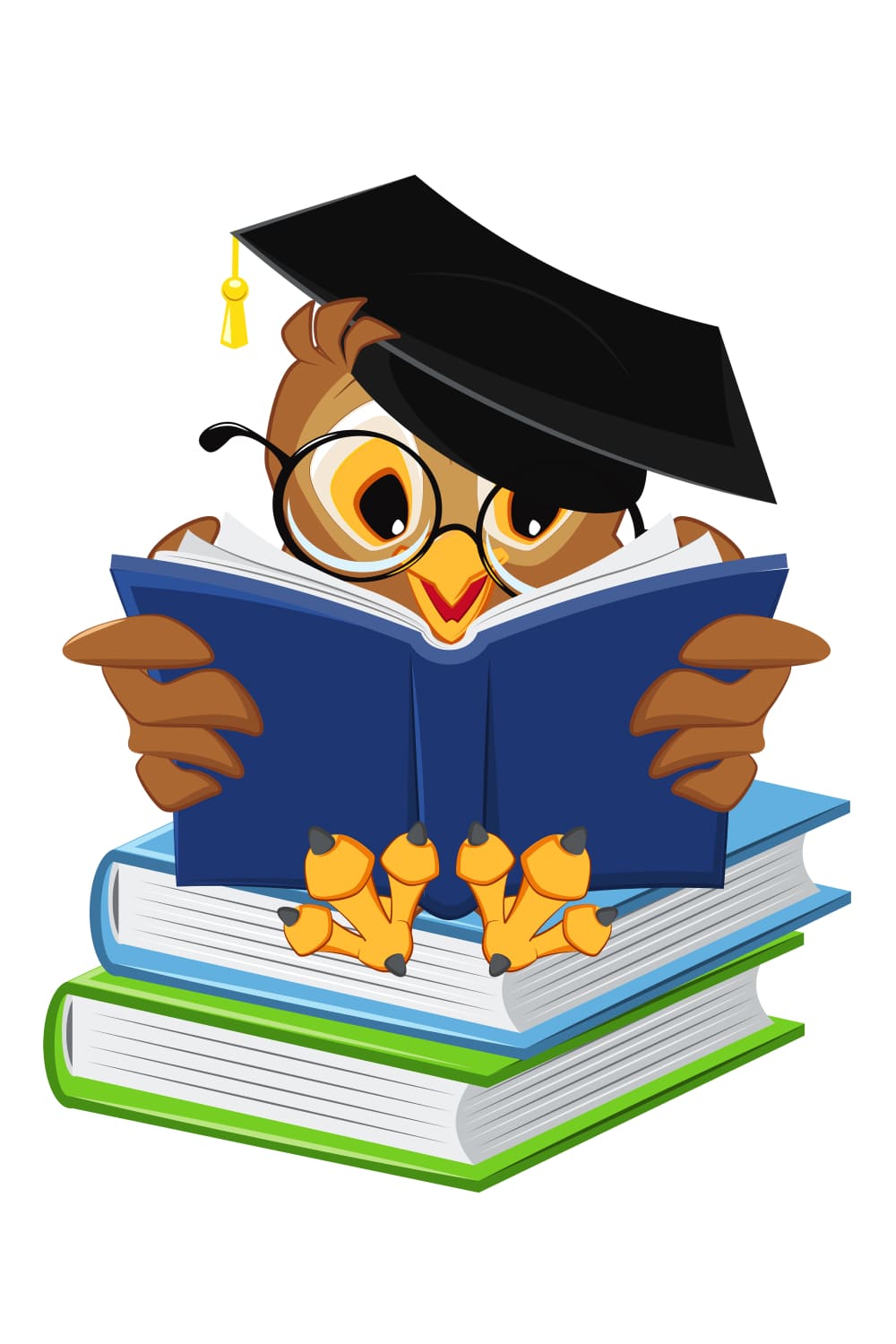 Drawn owl in glasses with a book in wings and sits on a stack of books.