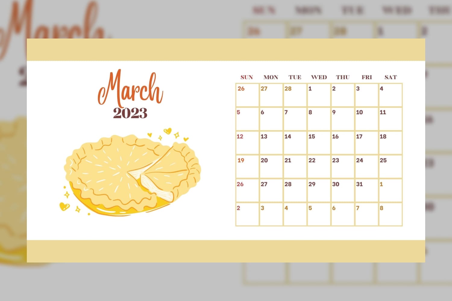 March calendar template featuring an illustration of a pie.