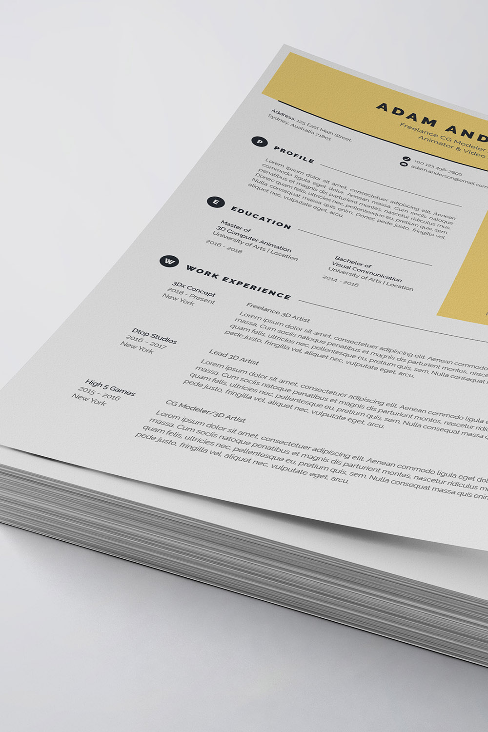 Clean and modern resume template with yellow accents.