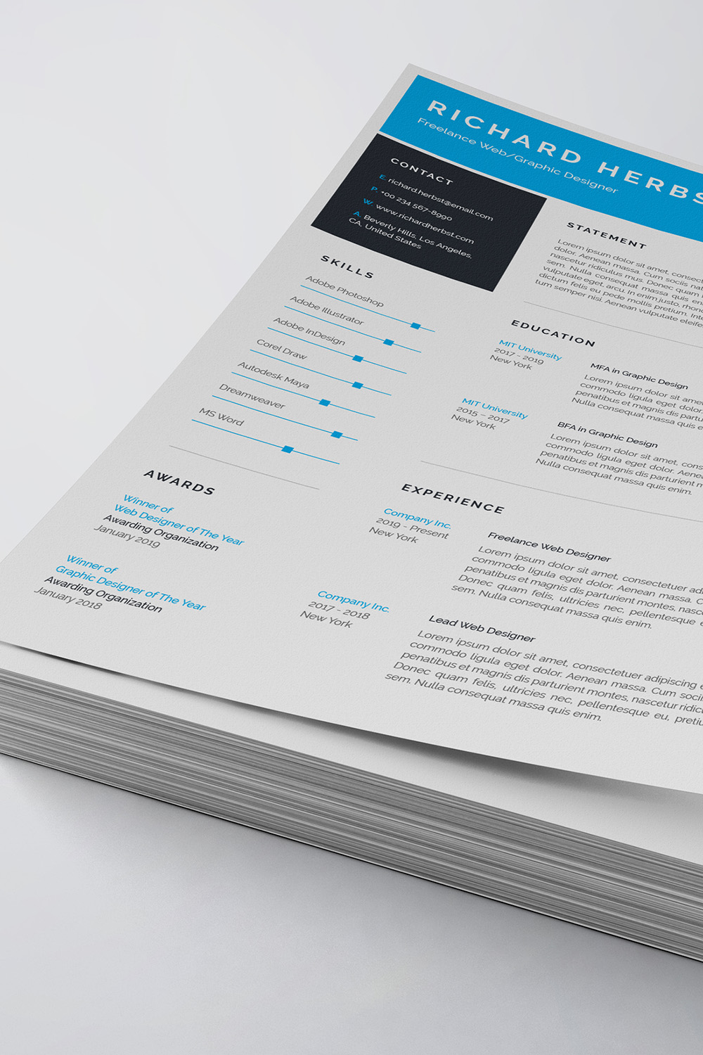 Clean and modern resume template with blue accents.