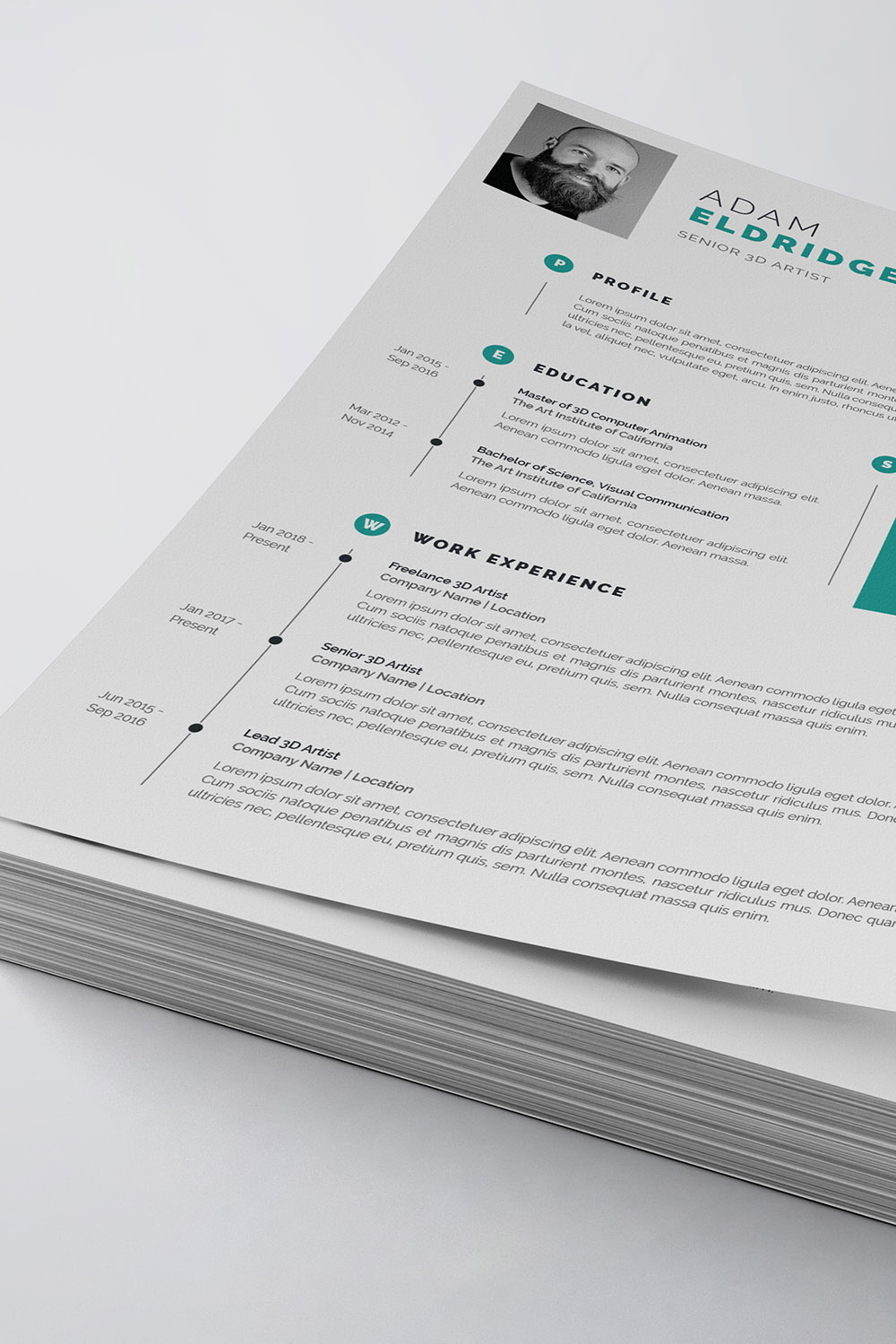 Clean and professional resume template on top of a stack of papers.