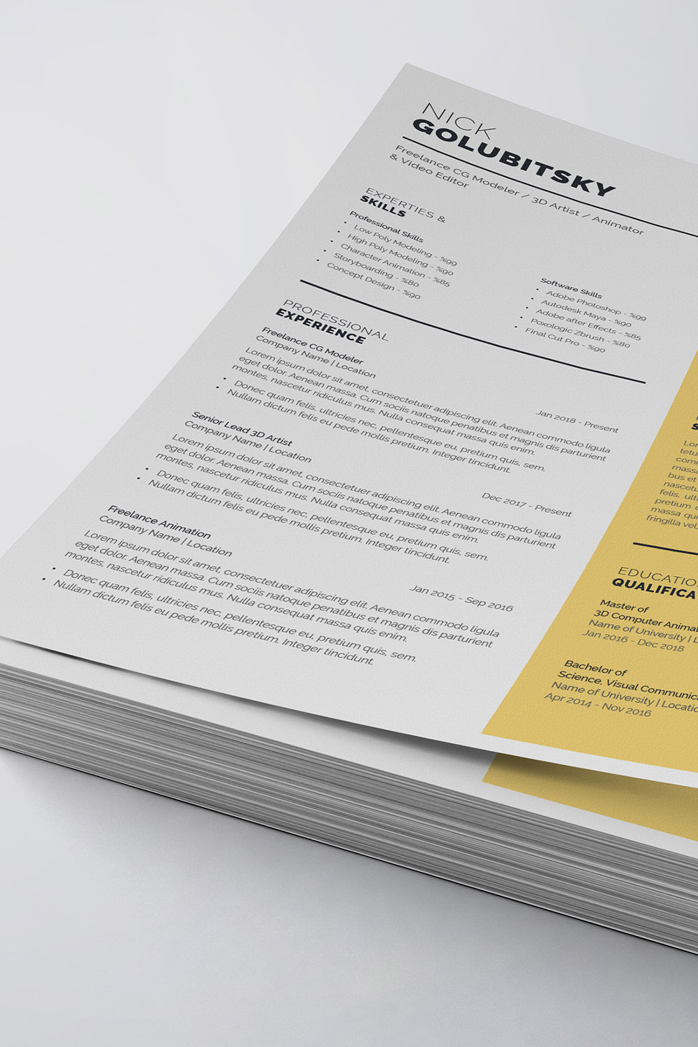 Two pages of a resume on top of each other.