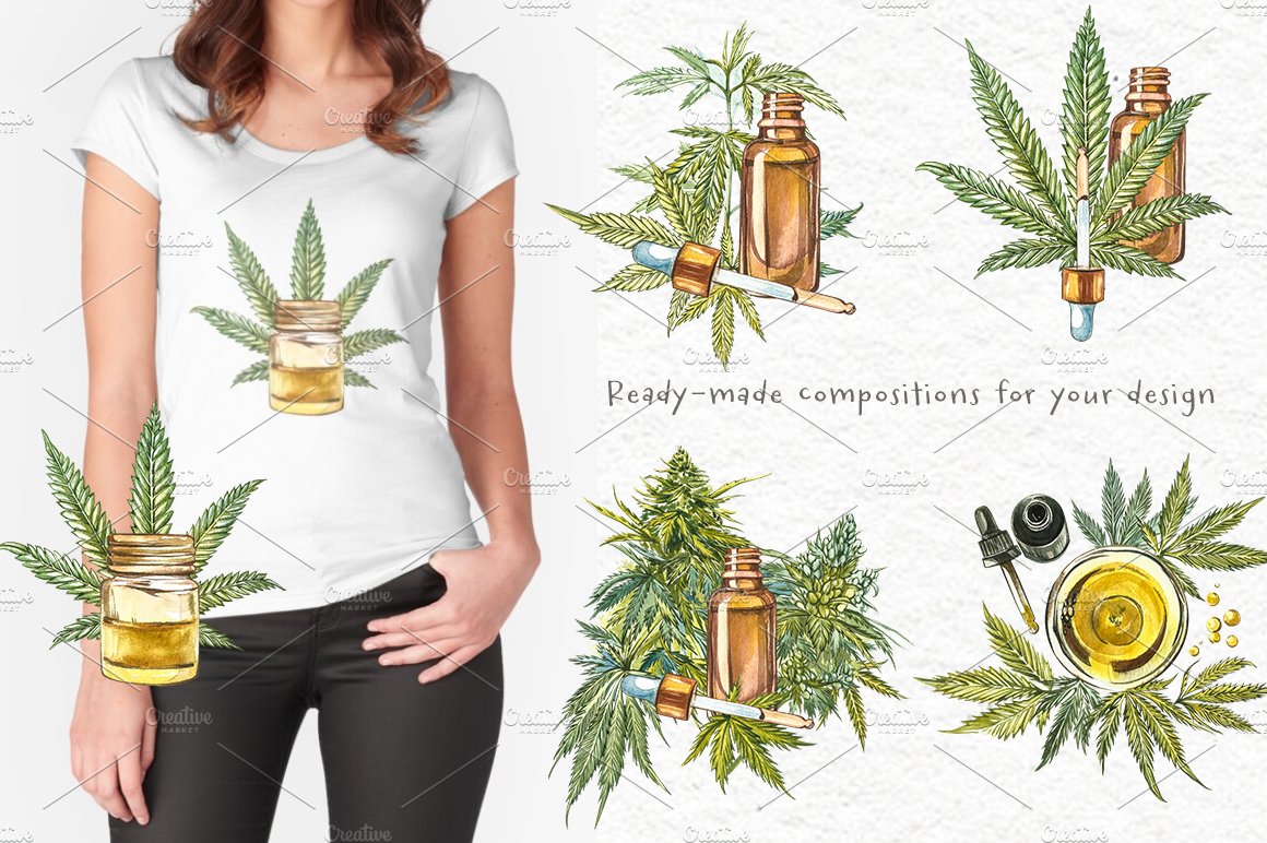 Women's t - shirt with a marijuana plant and bottles of oil.