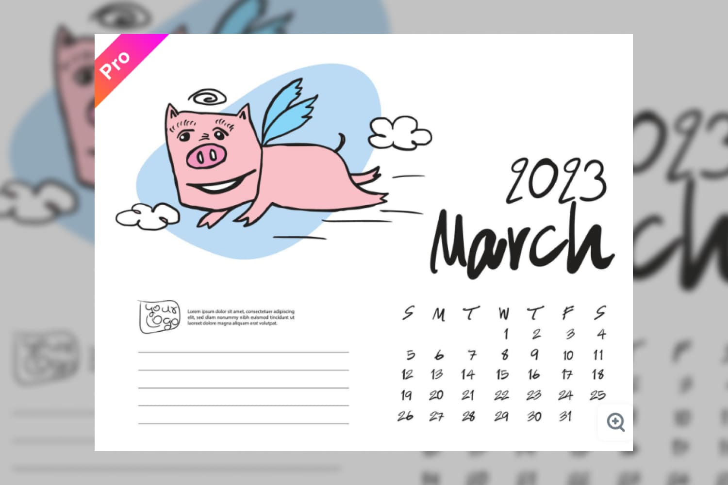 March 2023 features a cute pig vector illustration and playful lettering.