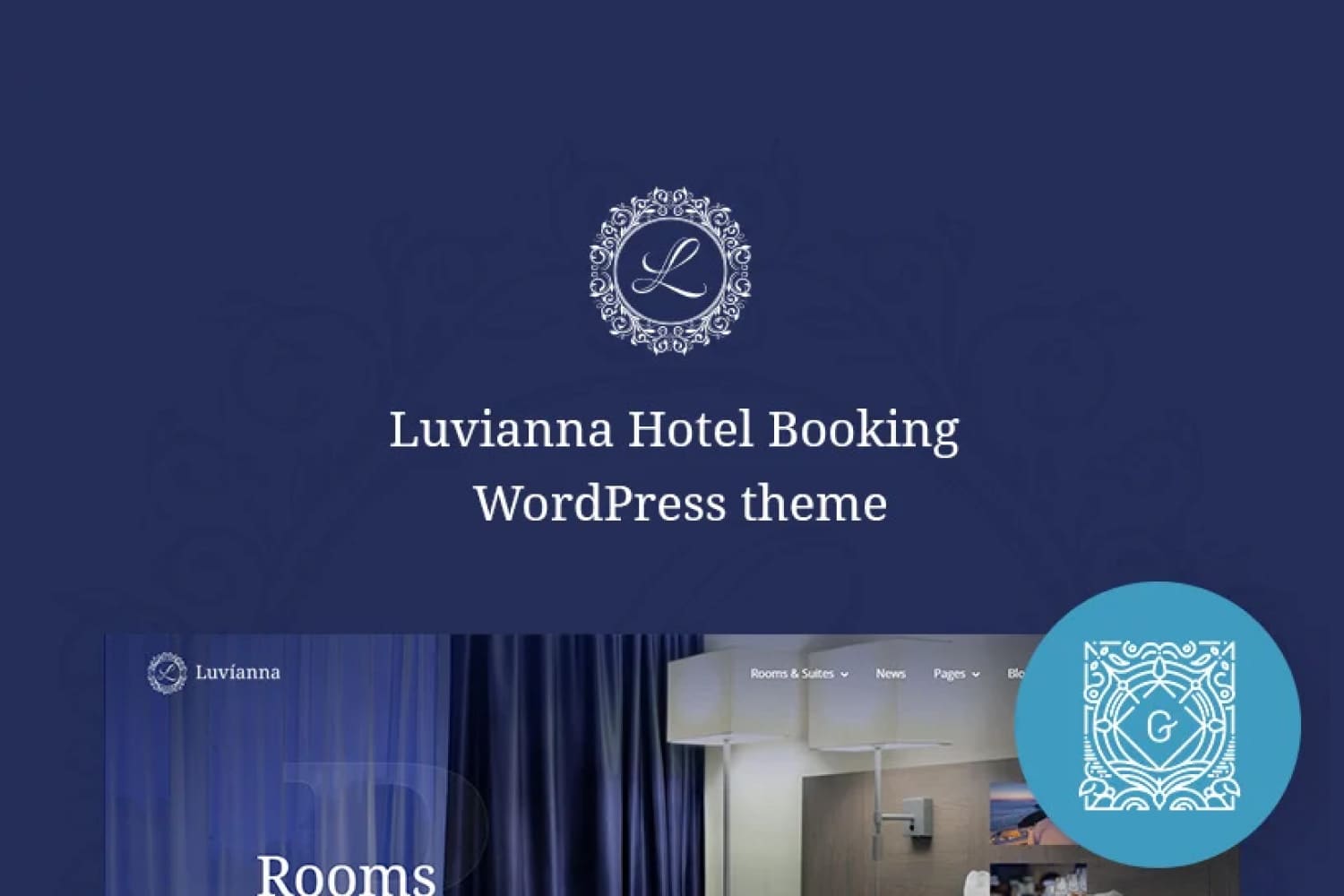 The main page of the hotel website with a blue background, monograms and a photo of the room.