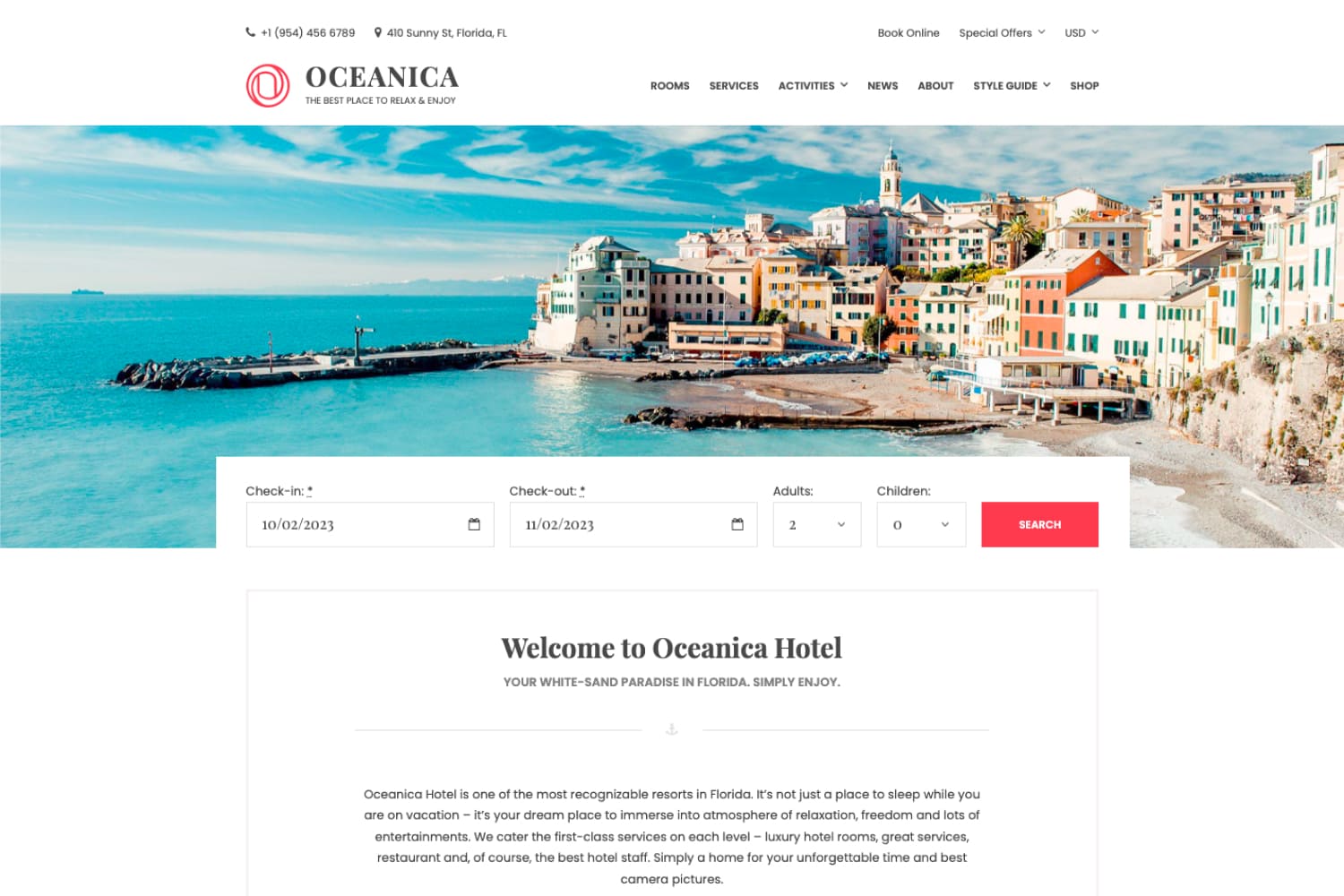 The main page of the hotel website with a photo of the city on the seashore and a description of the hotel.