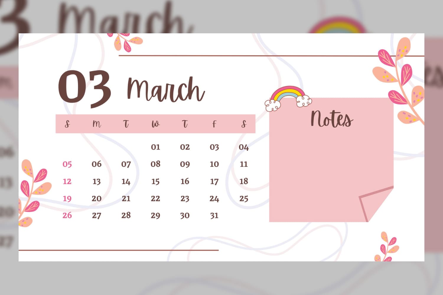 March 2023 calendar with a soft pink color scheme with quirky and playful floral illustrations.