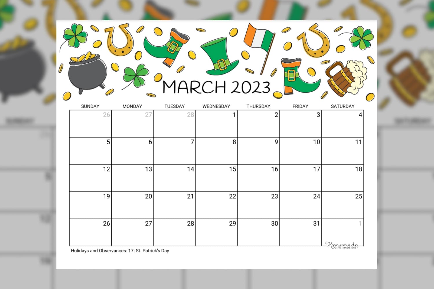 March Calendar in a green and gold color scheme with illustrations of shamrocks, leprechauns, and festive elements.