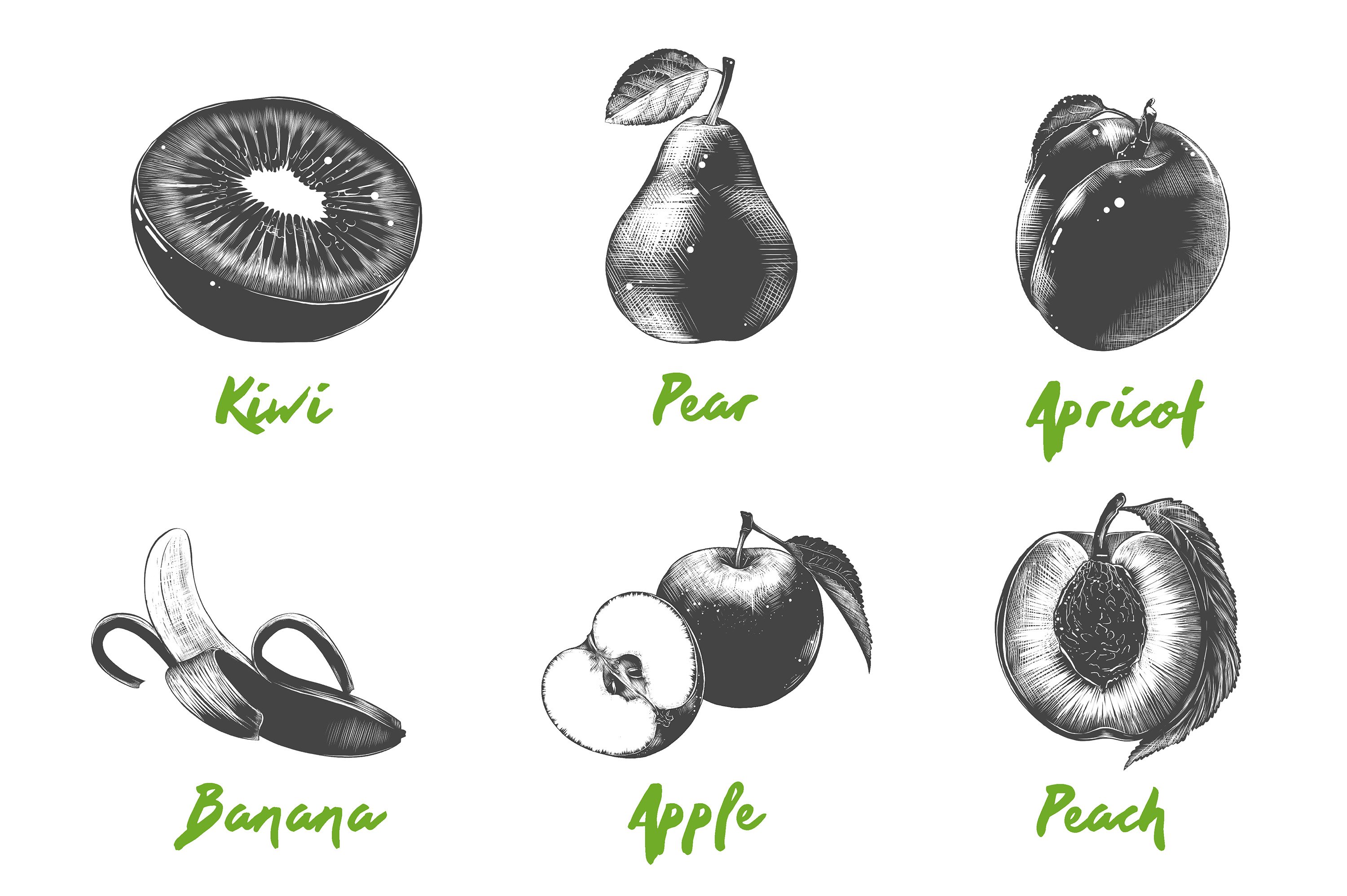 Bunch of different types of fruit on a white background.