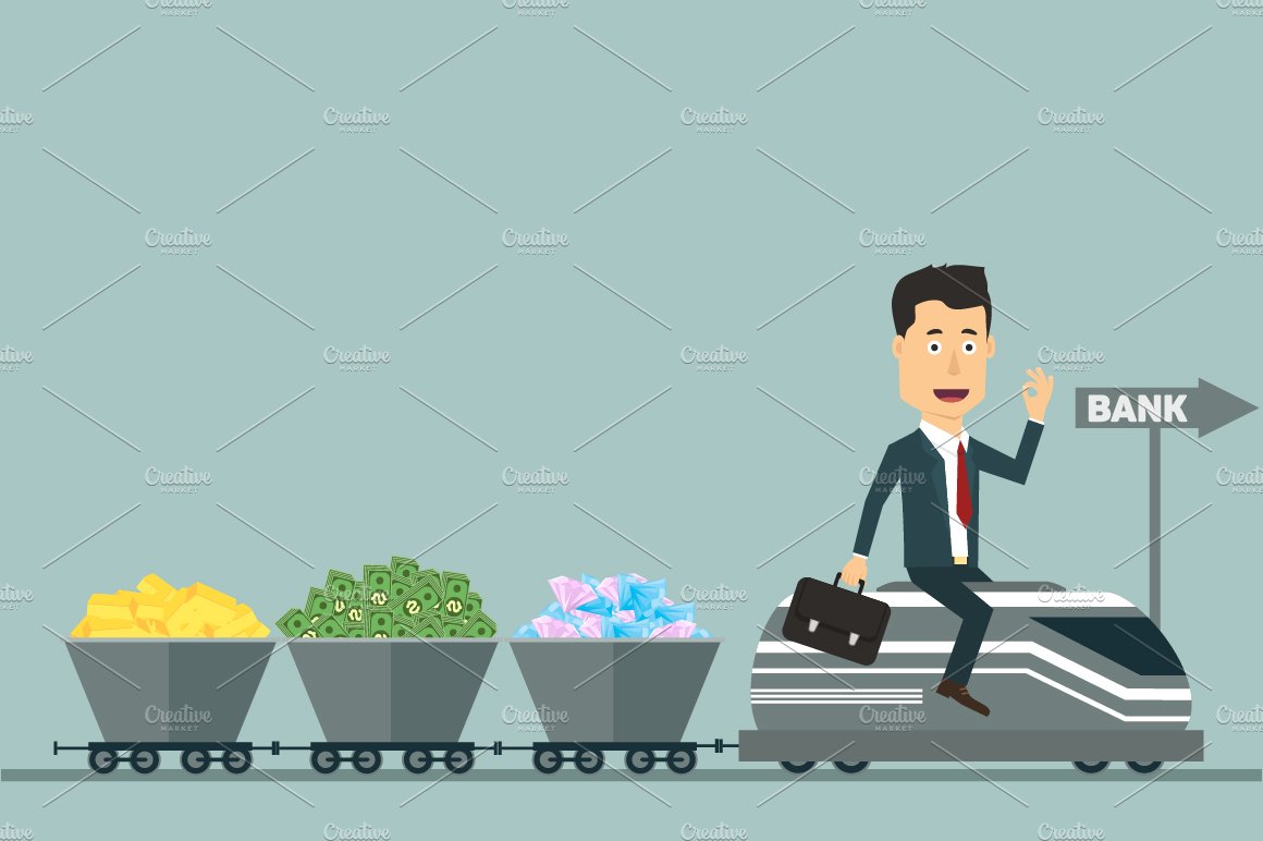 A man sitting on a train with a briefcase and money.