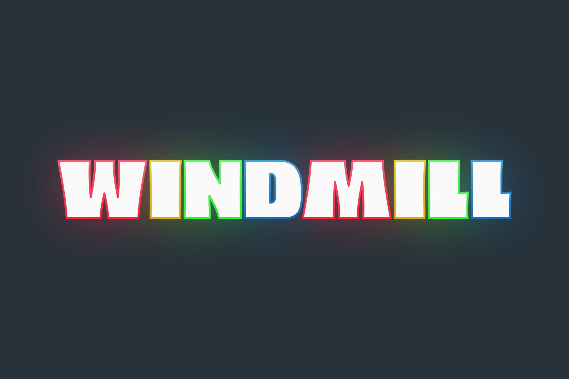 The word windmill is made up of multicolored letters.