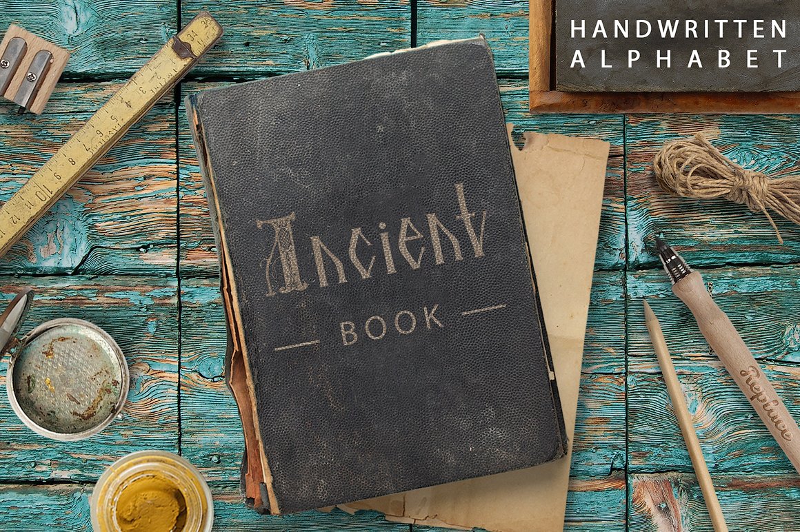 Initials ANCIENT BOOK. Character set cover image.