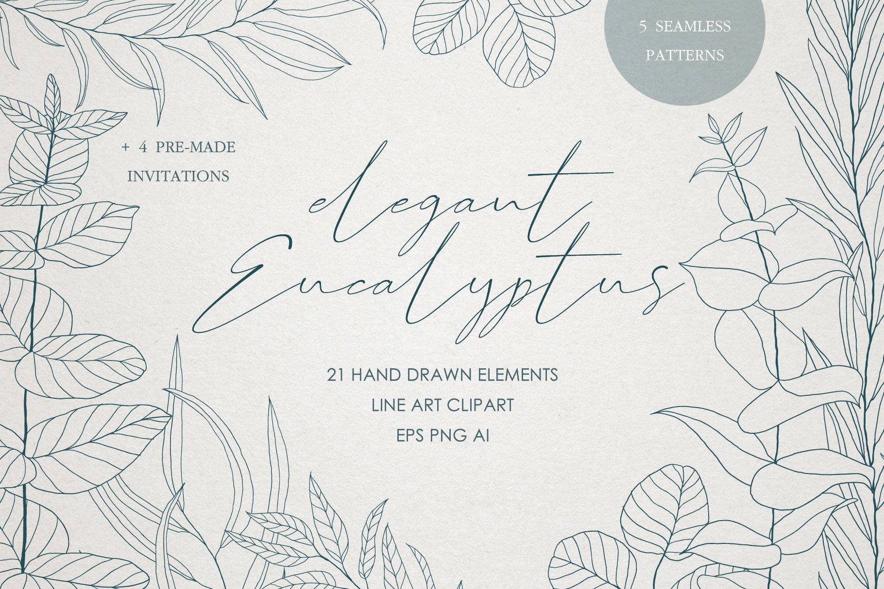 Eucalyptus Leaves Line Art Clipart cover image.