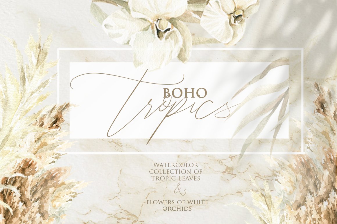 Boho & tropics. Watercolor set cover image.