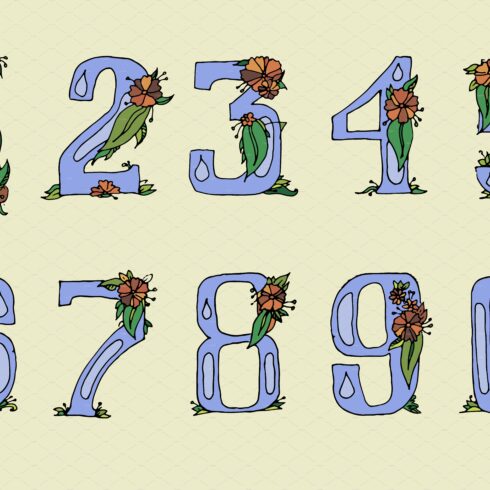 Hand drawn flowered digits. Vector cover image.