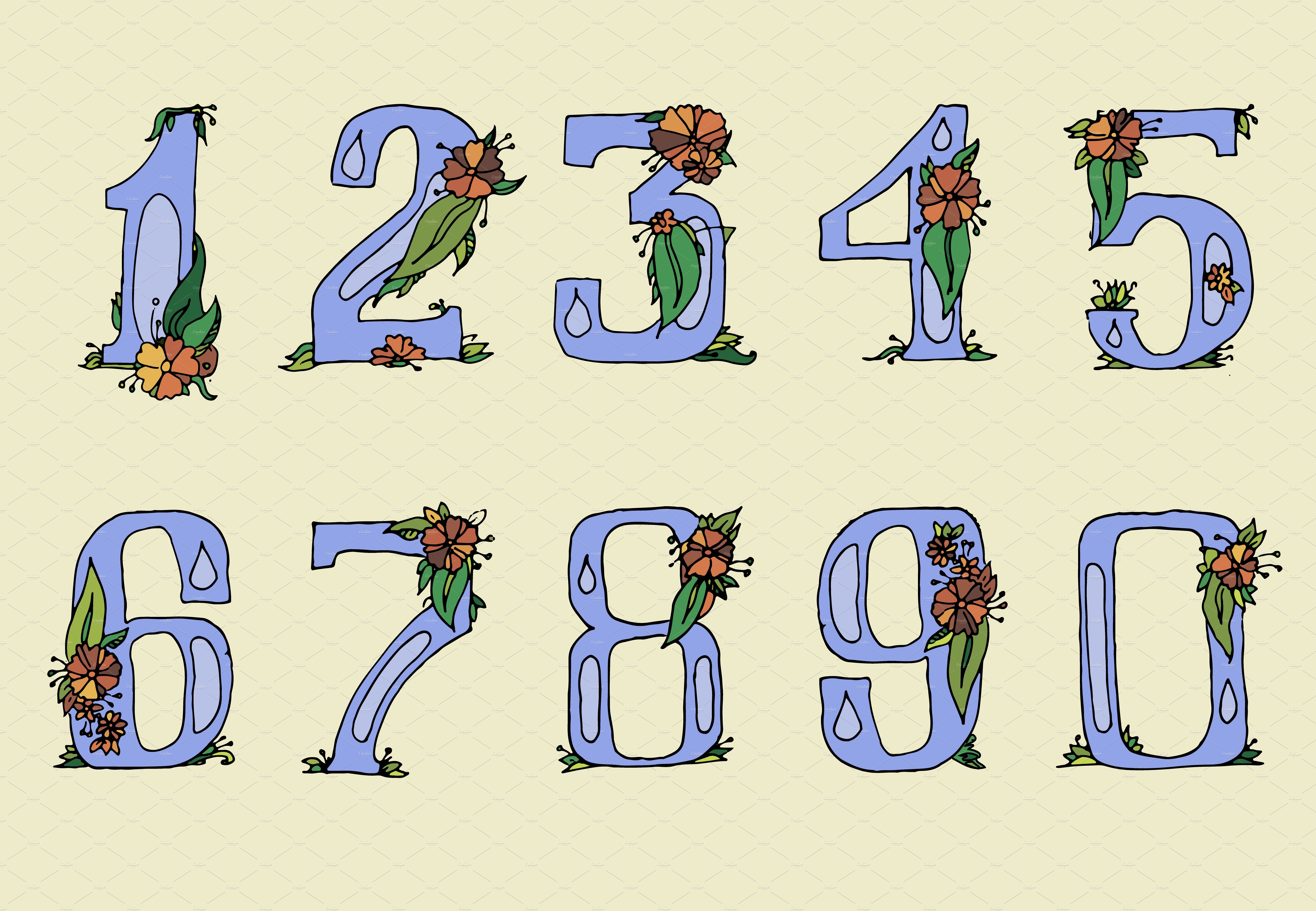 Hand drawn flowered digits. Vector cover image.