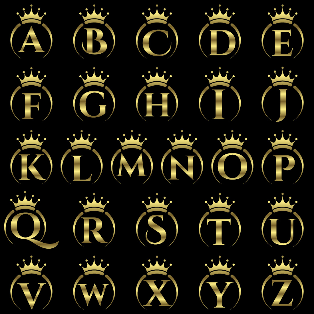 Initial A-Z monogram alphabet with a crown Royal, King, queen luxury symbol Font emblem cover image.