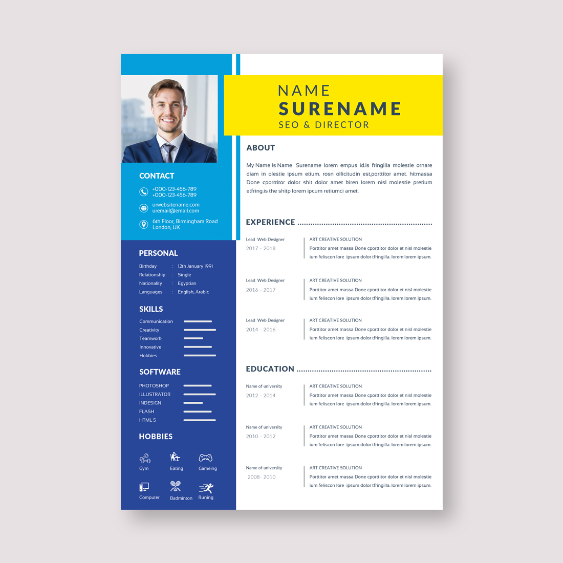 Blue and yellow resume template.