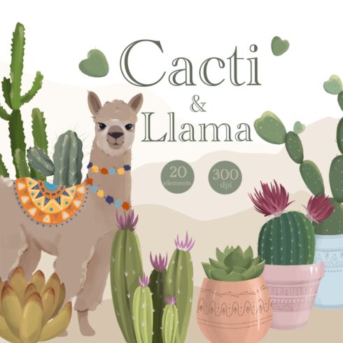 Cacti And Lama Clipart cover image.