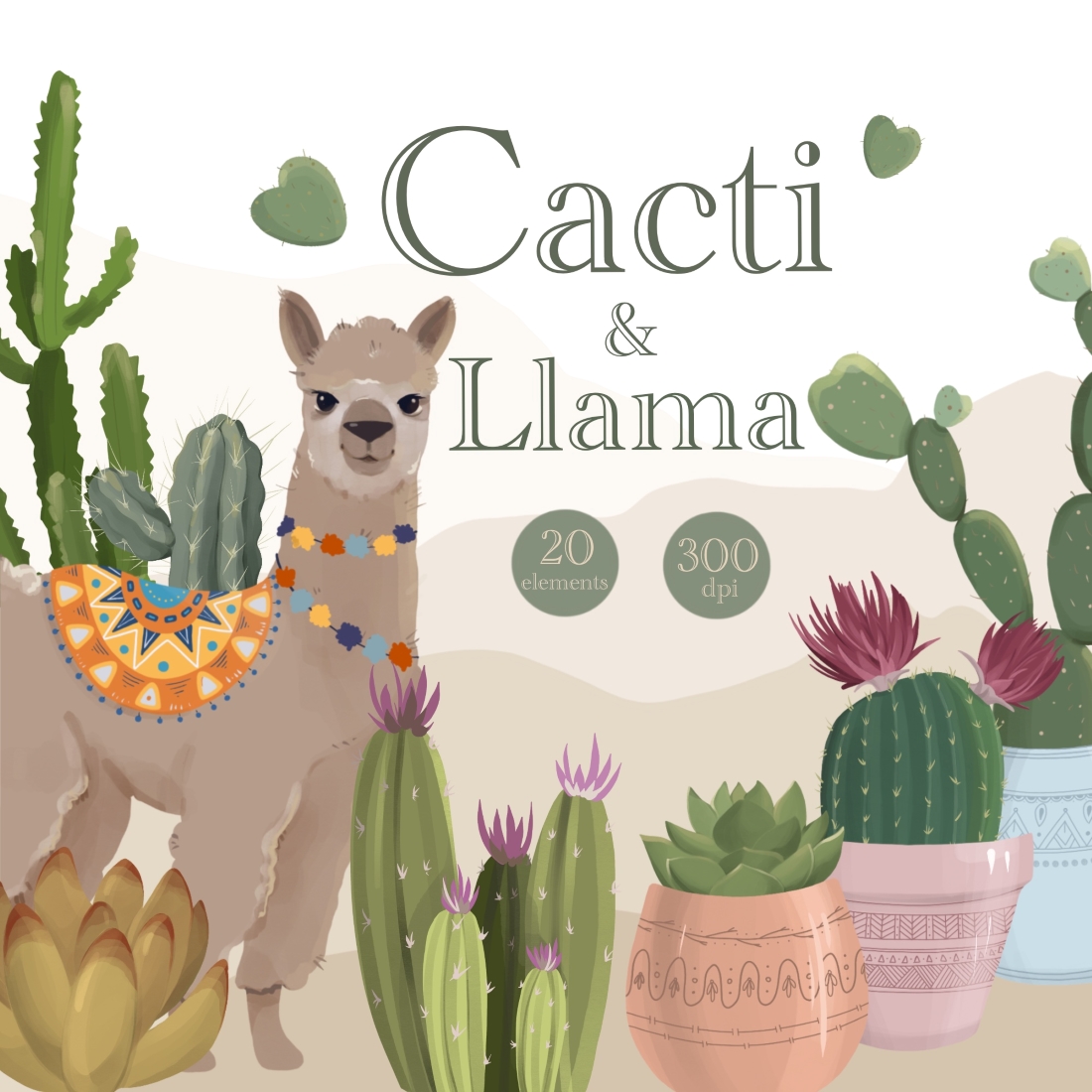 Cacti And Lama Clipart cover image.
