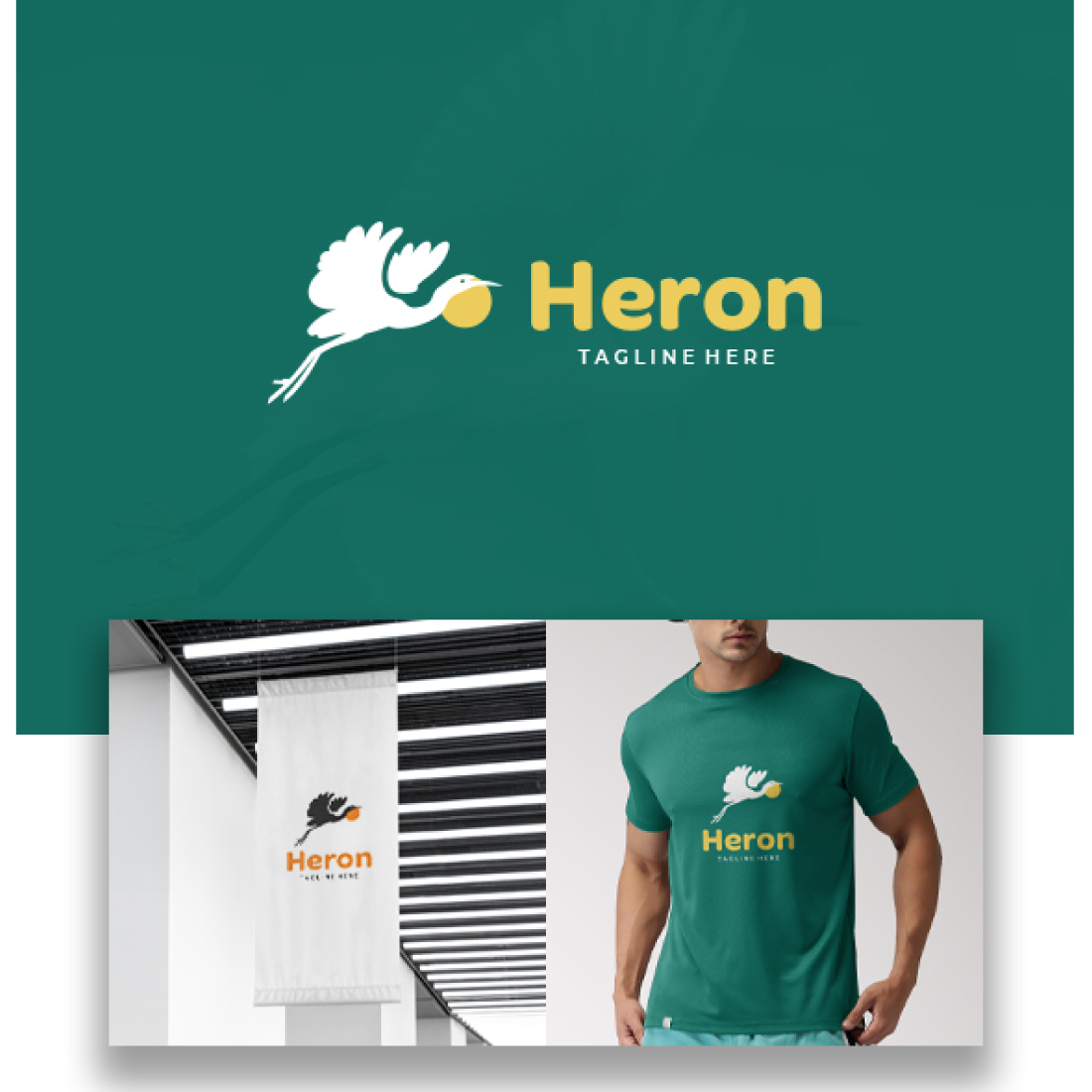 Man in a green t - shirt with the words heron on it.
