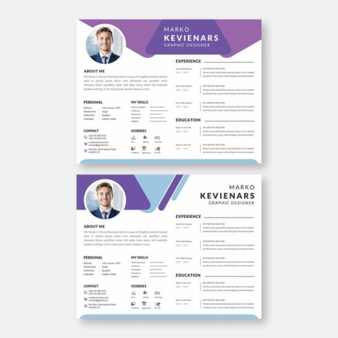 Professional resume template with a blue and purple color scheme.