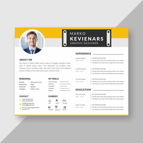 Professional resume template with a yellow border.