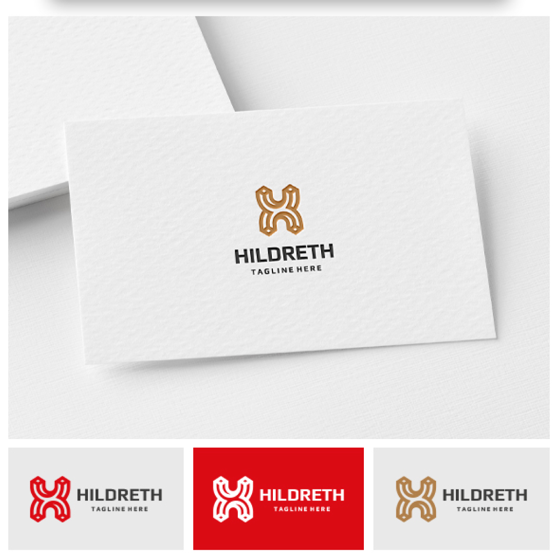 White business card with a gold and red logo.