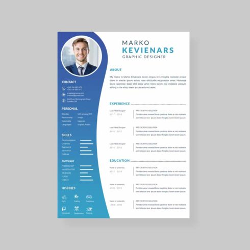 Blue and white resume template.