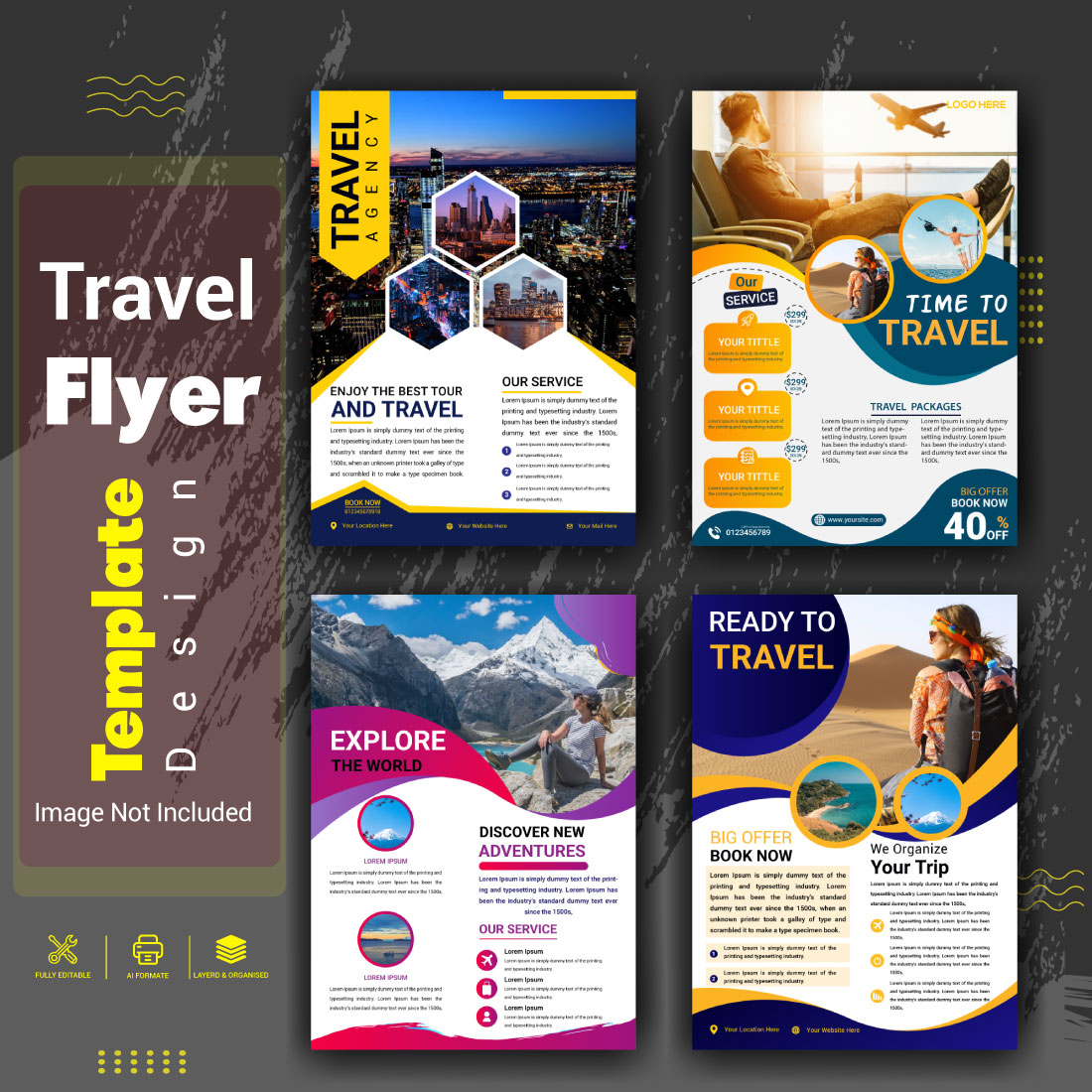 Travel Tour sale flyer vector template design preview image.