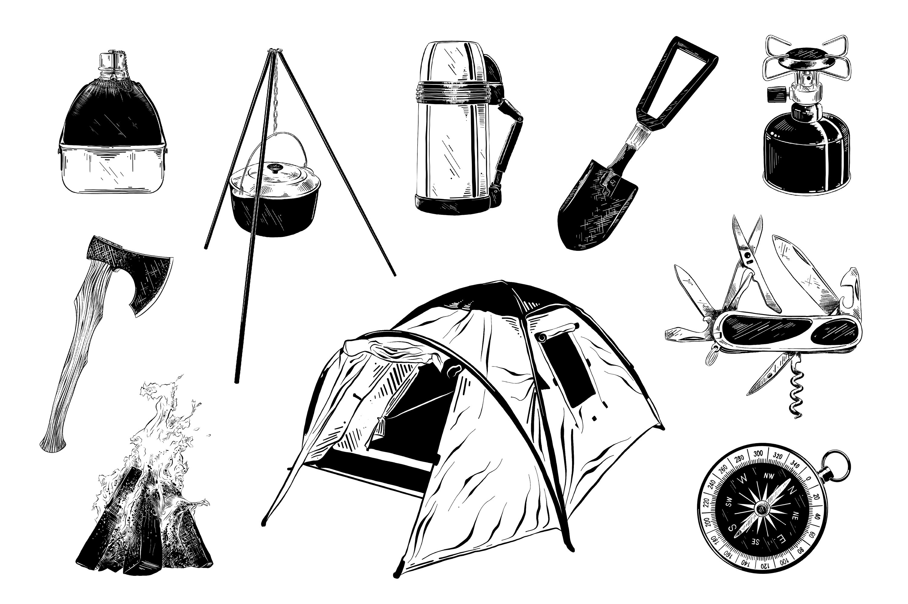 Black and white drawing of camping items.
