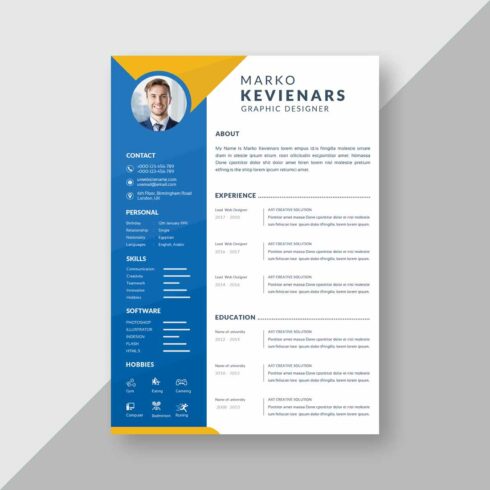 Blue and yellow resume template.